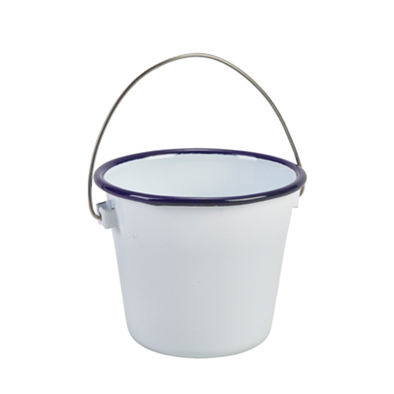 Enamel Bucket White with Blue Rim 10cm (d) - Case Qty 1