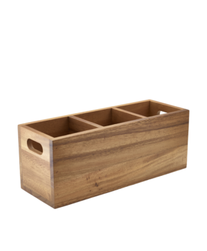 Genware Cutlery Holders Acacia Wood 3 Comparment Cutlery Box   300 x 110 x 115mm    - Case Qty - 1